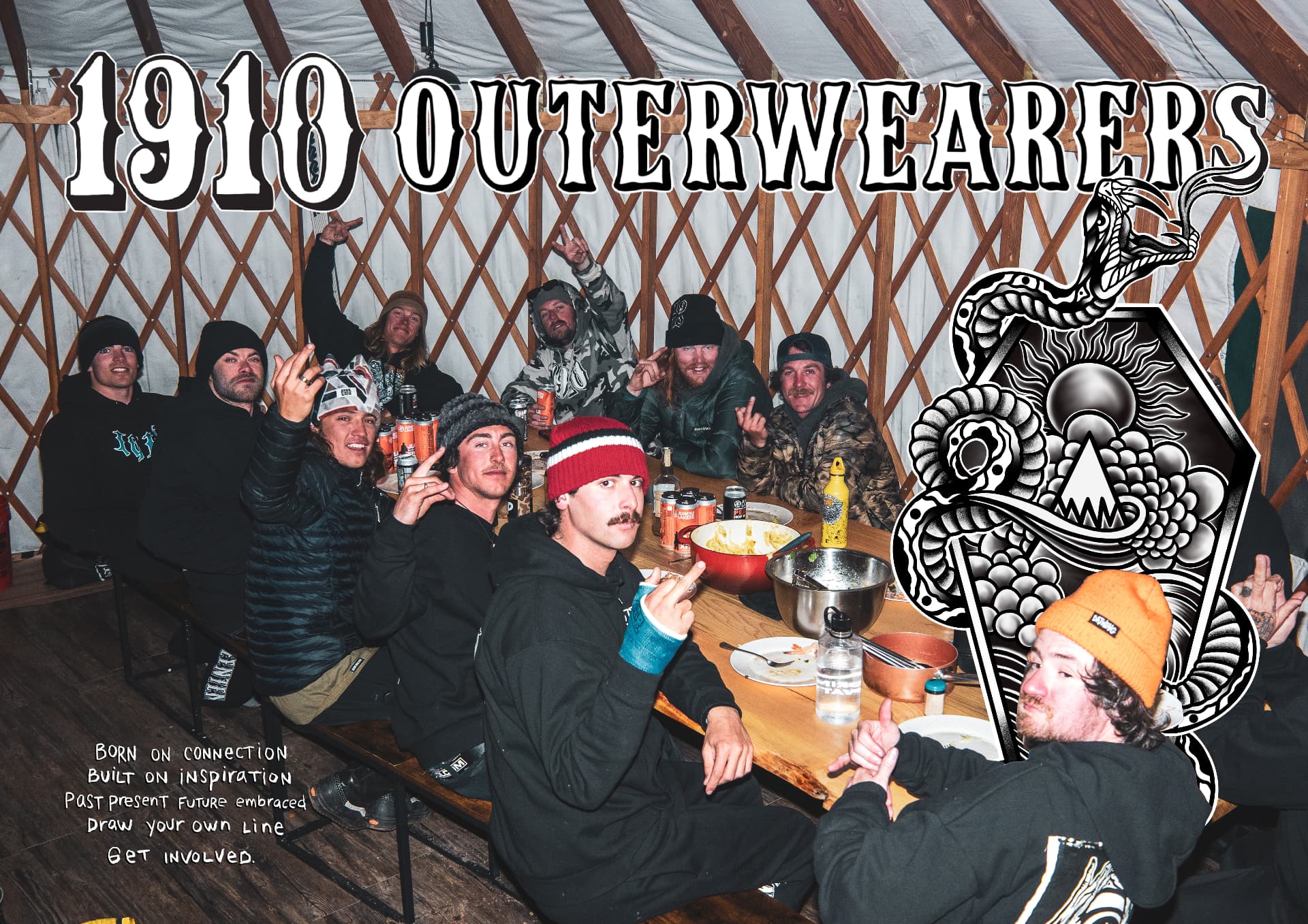 1910 Outerwear crew in the yurt — born on connection
